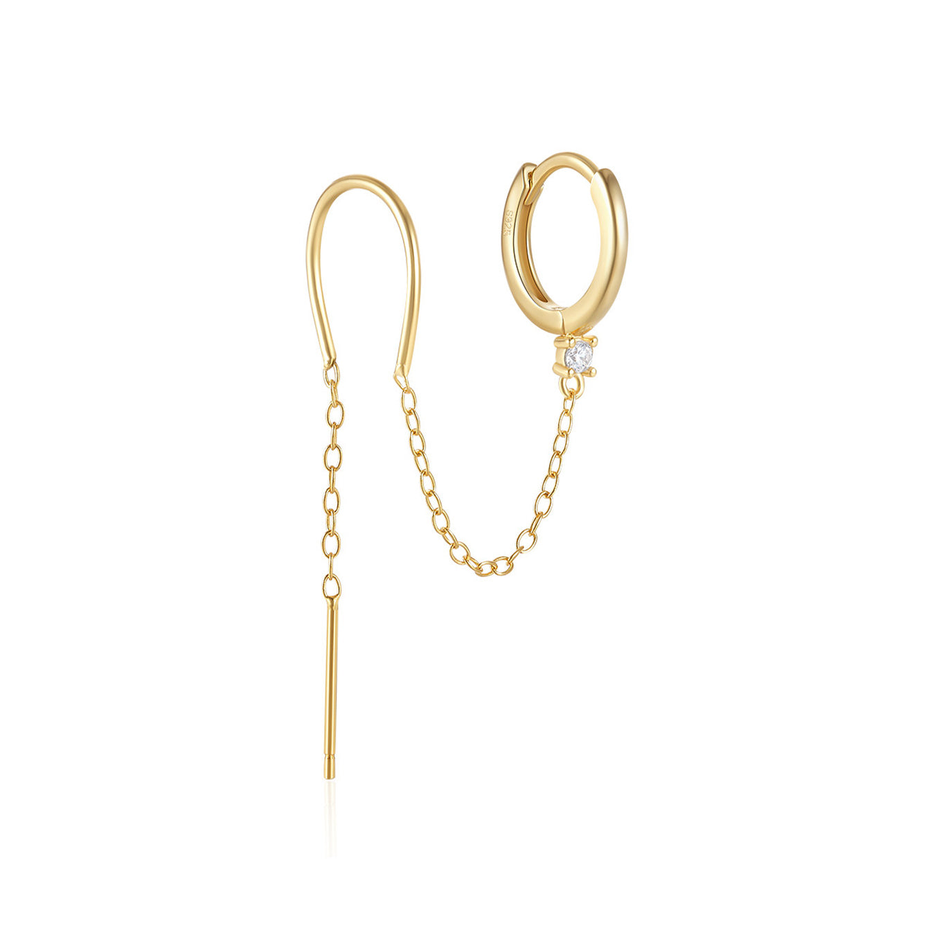 18k gold plated sterling silver threader earring with cubic zirconia and linear bar tassel drop.