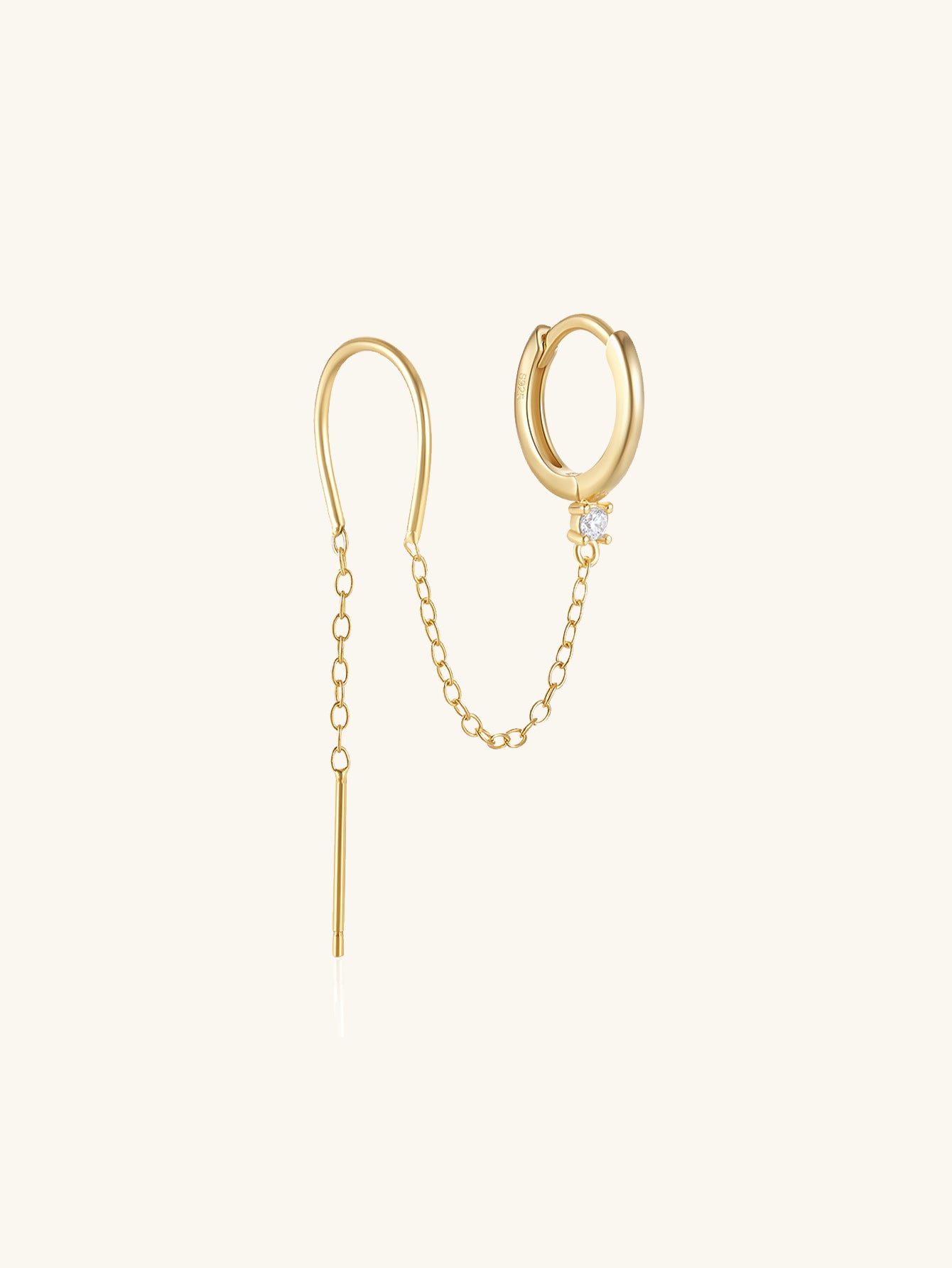 18kt gold plated sterling silver threader earrings with cubic zirconia and linear bar drop.