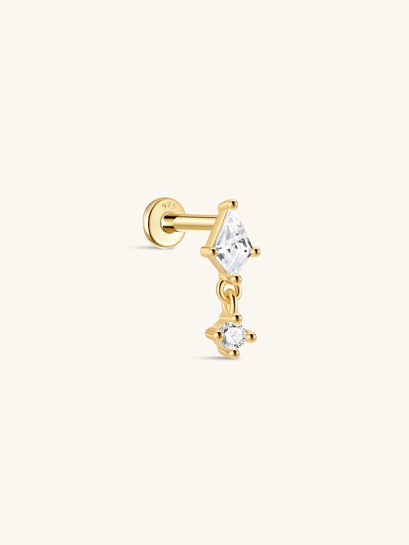 18kt gold-plated sterling silver ear piercing stud with kite-shaped cubic zirconia and dangling charm.
