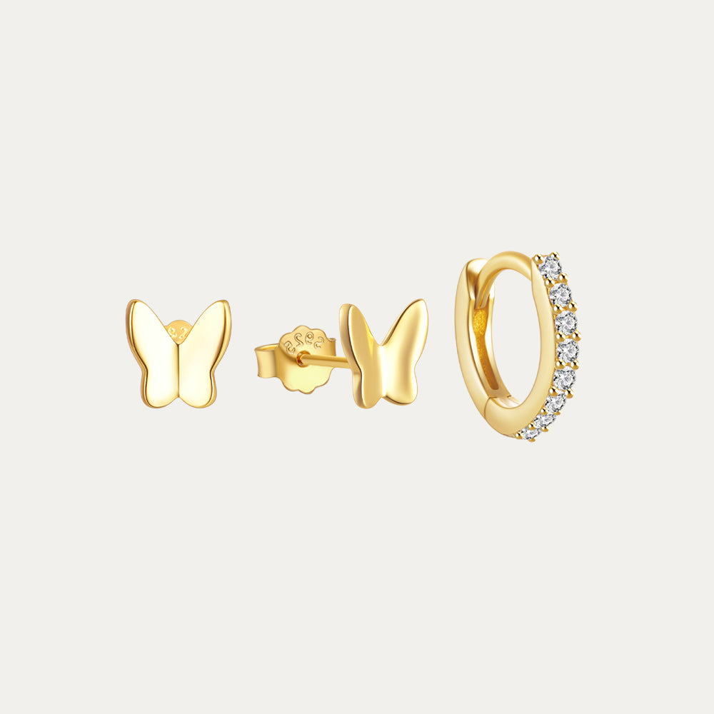 3 Pcs Kosiner Gold Round Zircon Mixed Earring Set: two butterfly studs and one CZ hoop.