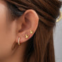 3 Pc Gold Zircon Mixed Earring Set with two butterfly studs and one CZ hoop on ear.