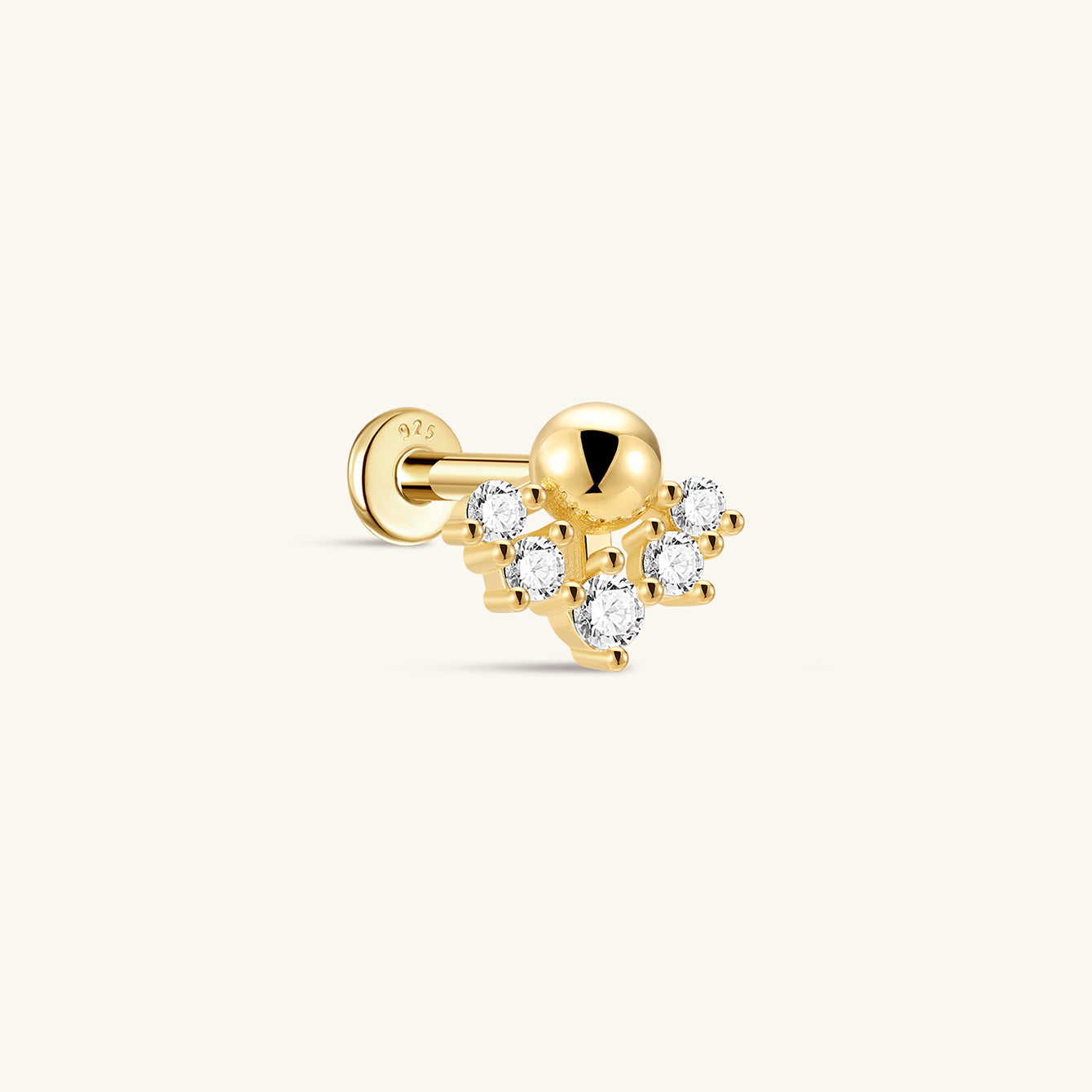 18kt gold plated sterling silver labret stud with crown of 5 AAAAA cubic zirconia stones, internally threaded flat back.