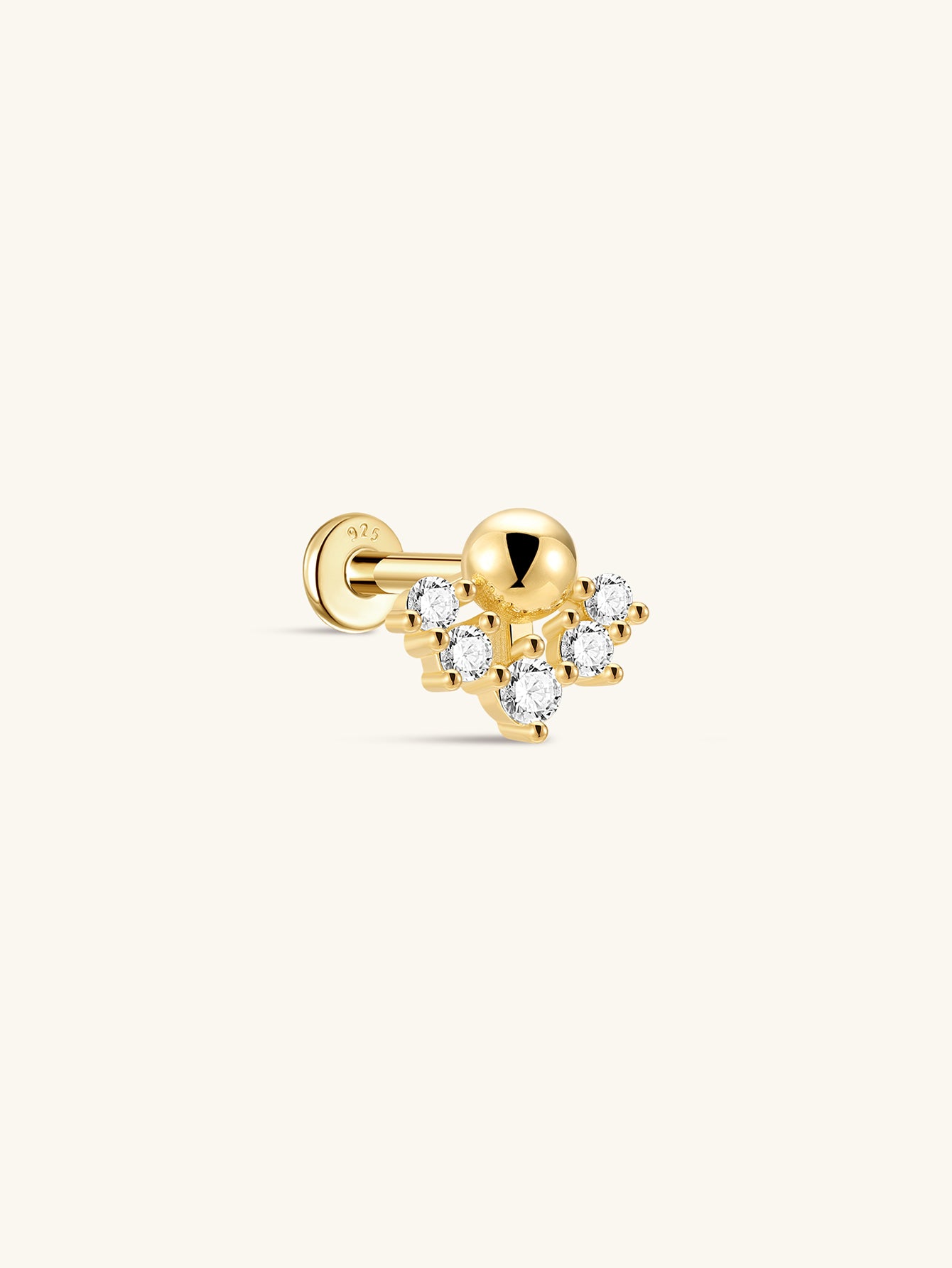 18kt gold plated sterling silver labret stud with crown of 5 AAAAA cubic zirconia stones, internally threaded flat back.