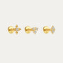 Three 18K gold-plated sterling silver labret studs with cubic zirconia: arrow, triple stone, and diamond shapes.