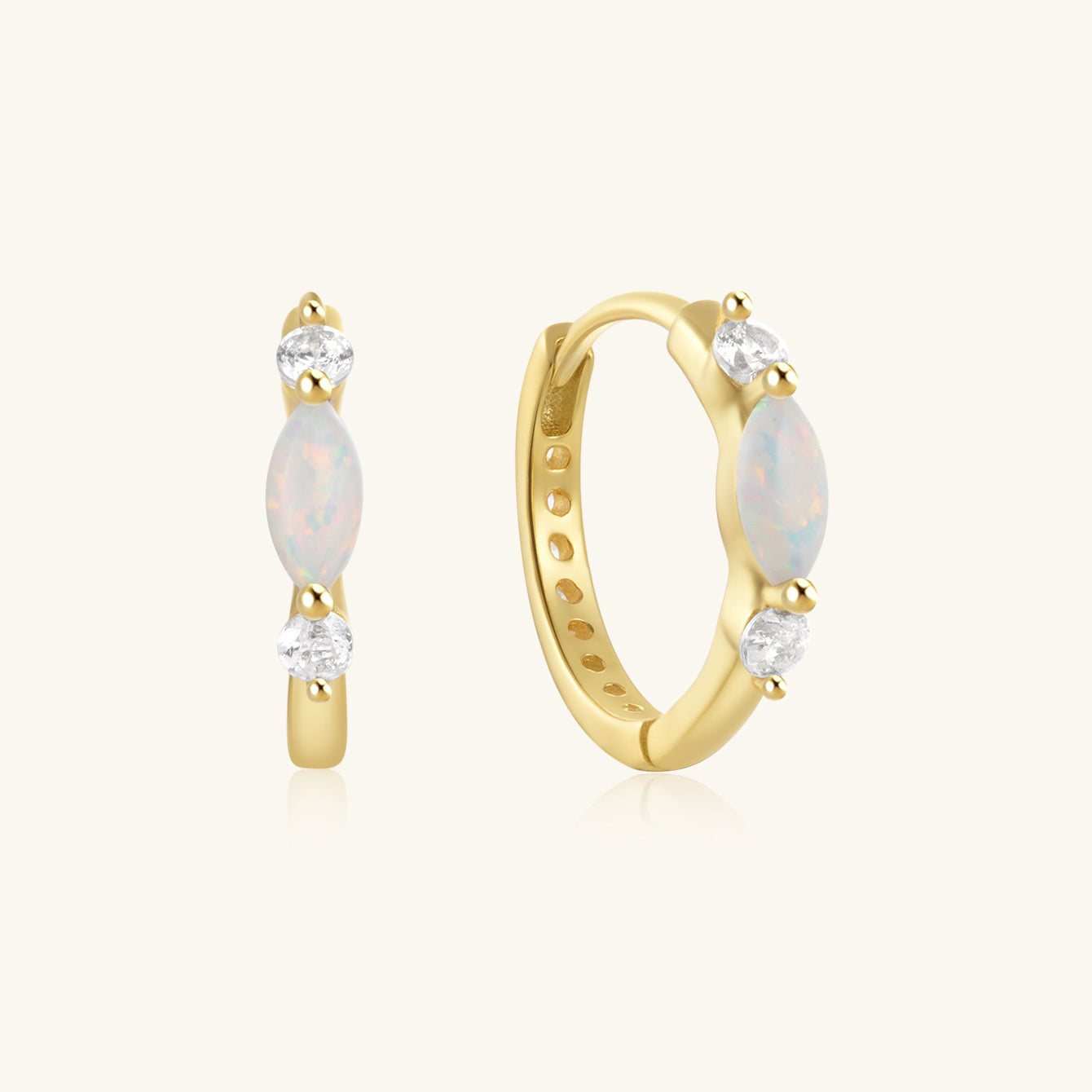 18K gold plated sterling silver hoop earrings with marquise-cut opal and cubic zirconia stones.