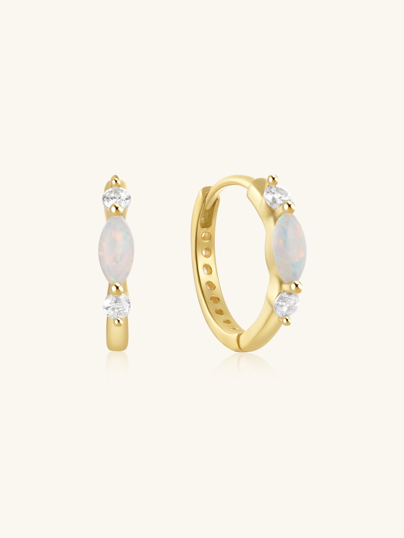 18K gold plated sterling silver hoop earrings with marquise-cut opal and cubic zirconia stones.
