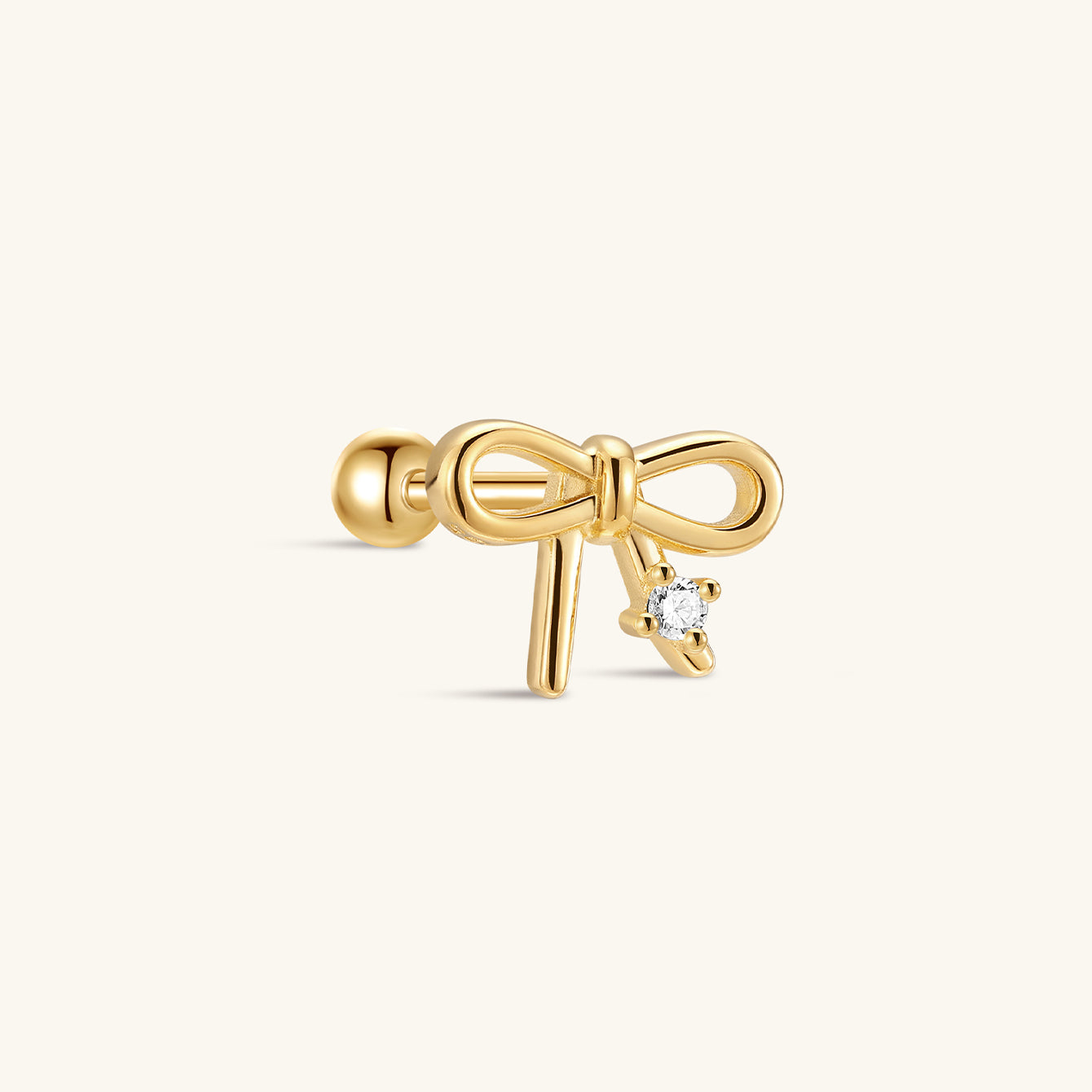 18kt gold plated sterling silver bowknot stud earring with cubic zirconia, screw back closure.