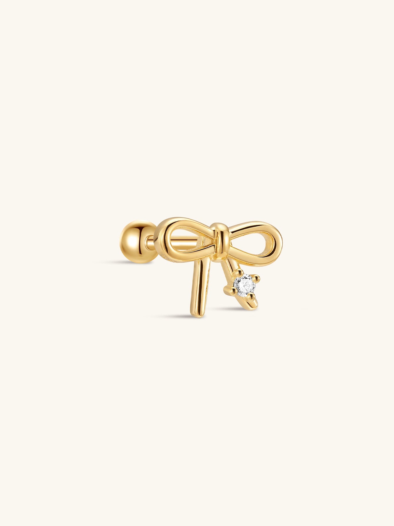 18kt gold plated sterling silver bowknot stud earring with cubic zirconia, screw back closure.