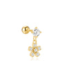 Gold 925 sterling silver stud earring with dangling flower charm and clear zircon stones.