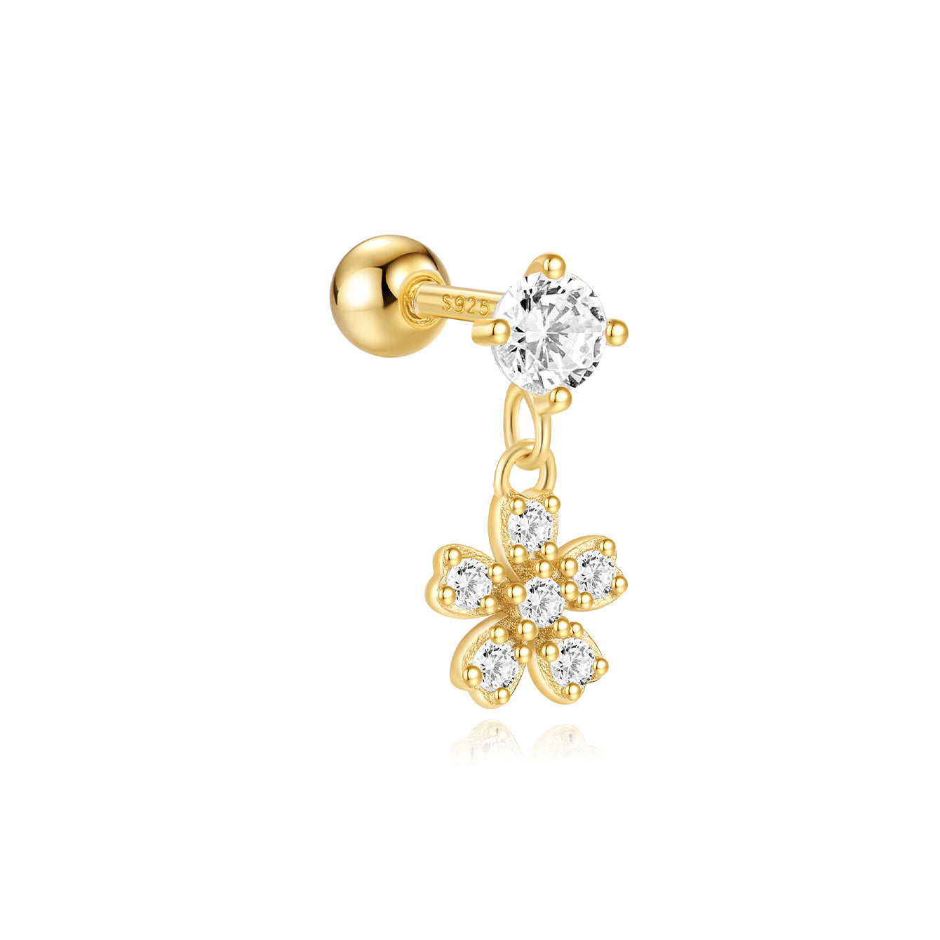 Gold 925 sterling silver stud earring with dangling flower charm and clear zircon stones.