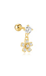 Brinco em prata de lei 925 em ouro com pingente de flor pendente e pedras de zircão transparentes.