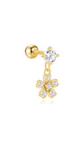 Gold 925 sterling silver stud earring with dangling flower charm and clear zircon stones.