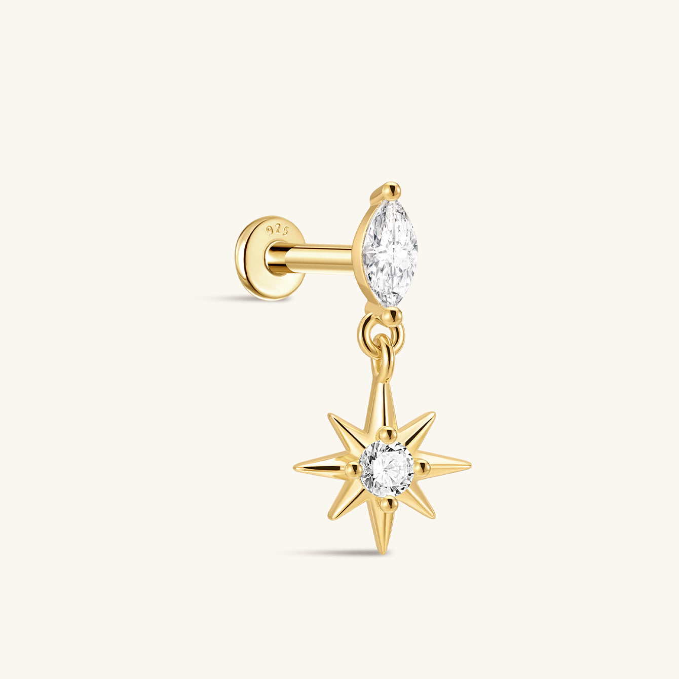 18kt gold plated 925 sterling silver flat back stud earring with marquise cubic zirconia and starburst charm.