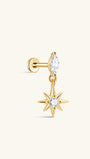 18kt gold plated 925 sterling silver flat back stud earring with marquise cubic zirconia and starburst charm.