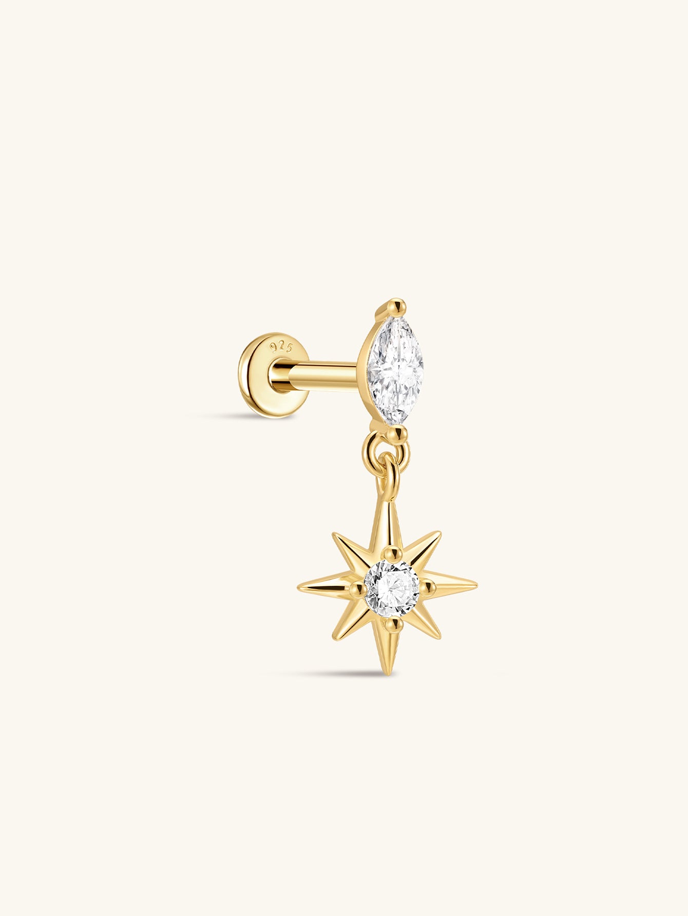 18kt gold plated 925 sterling silver flat back stud earring with marquise cubic zirconia and starburst charm.
