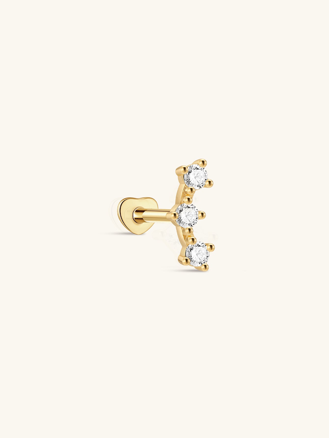Gold-plated sterling silver ear piercing stud with three round cubic zirconia stones in a vertical line and flat back.