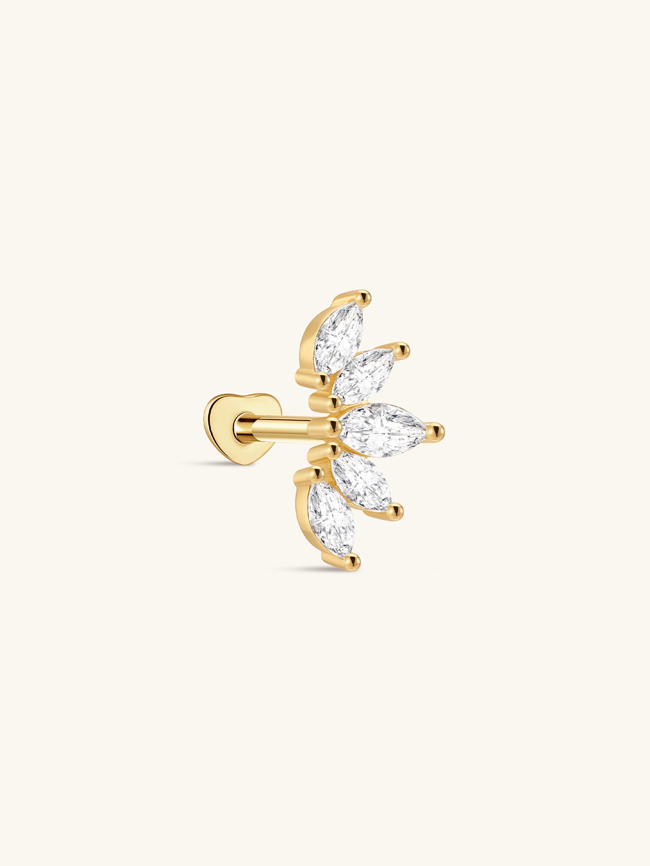 18kt gold plated flat back labret earring with five marquise-cut cubic zirconia stones, 16G.