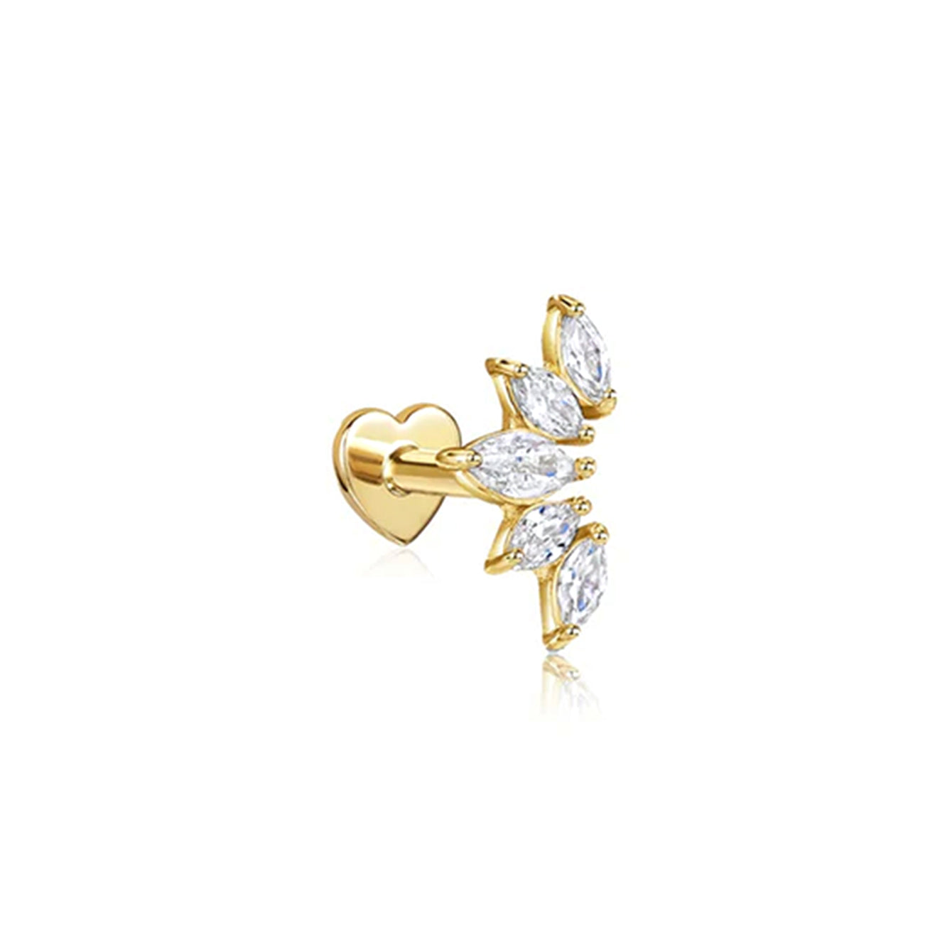 18kt gold plated sterling silver labret earring with heart backing and marquise-cut cubic zirconia stones.