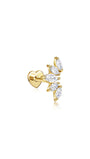 18kt gold plated sterling silver labret earring with heart backing and marquise-cut cubic zirconia stones.