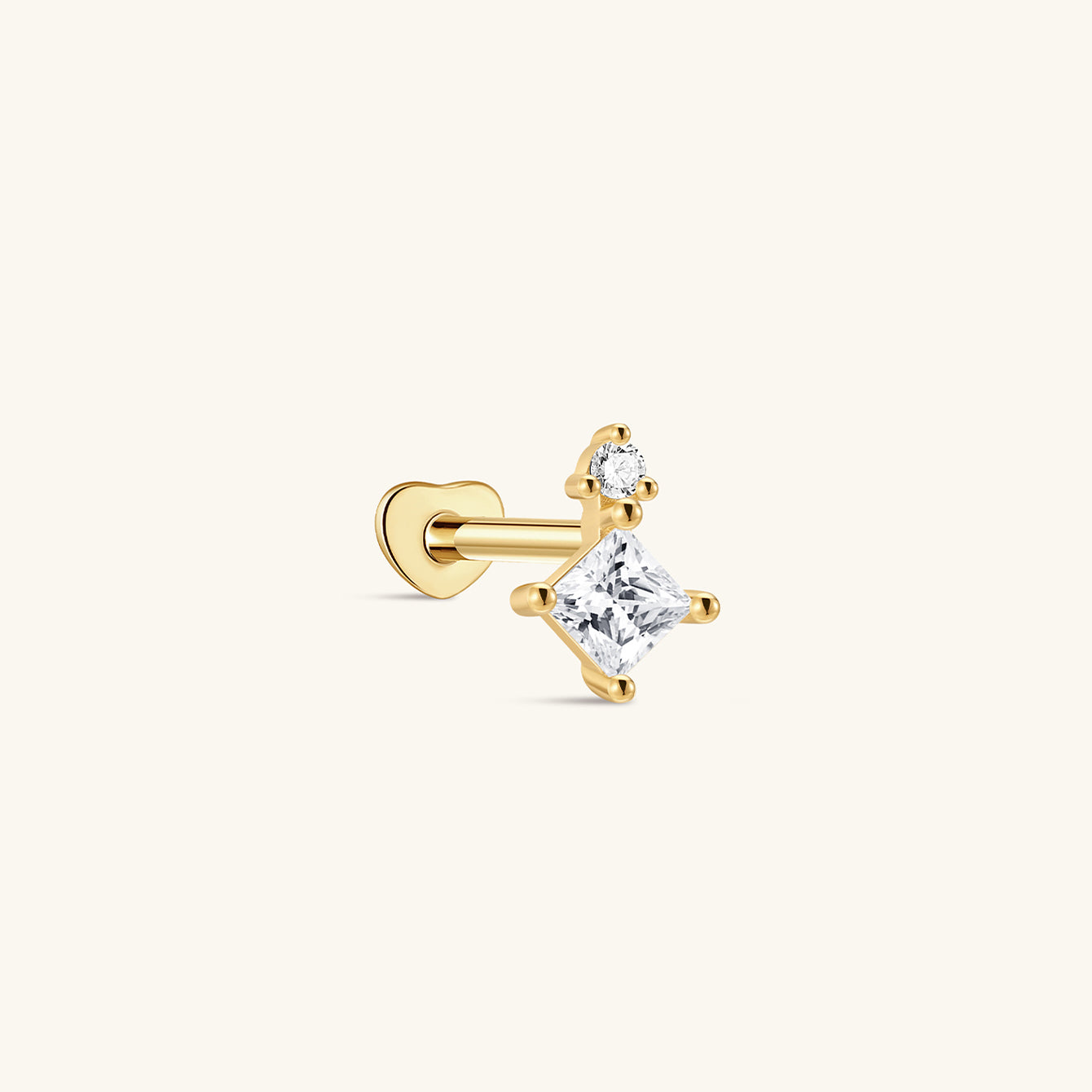Gold plated 925 sterling silver labret earring with princess-cut and round cubic zirconia stones.