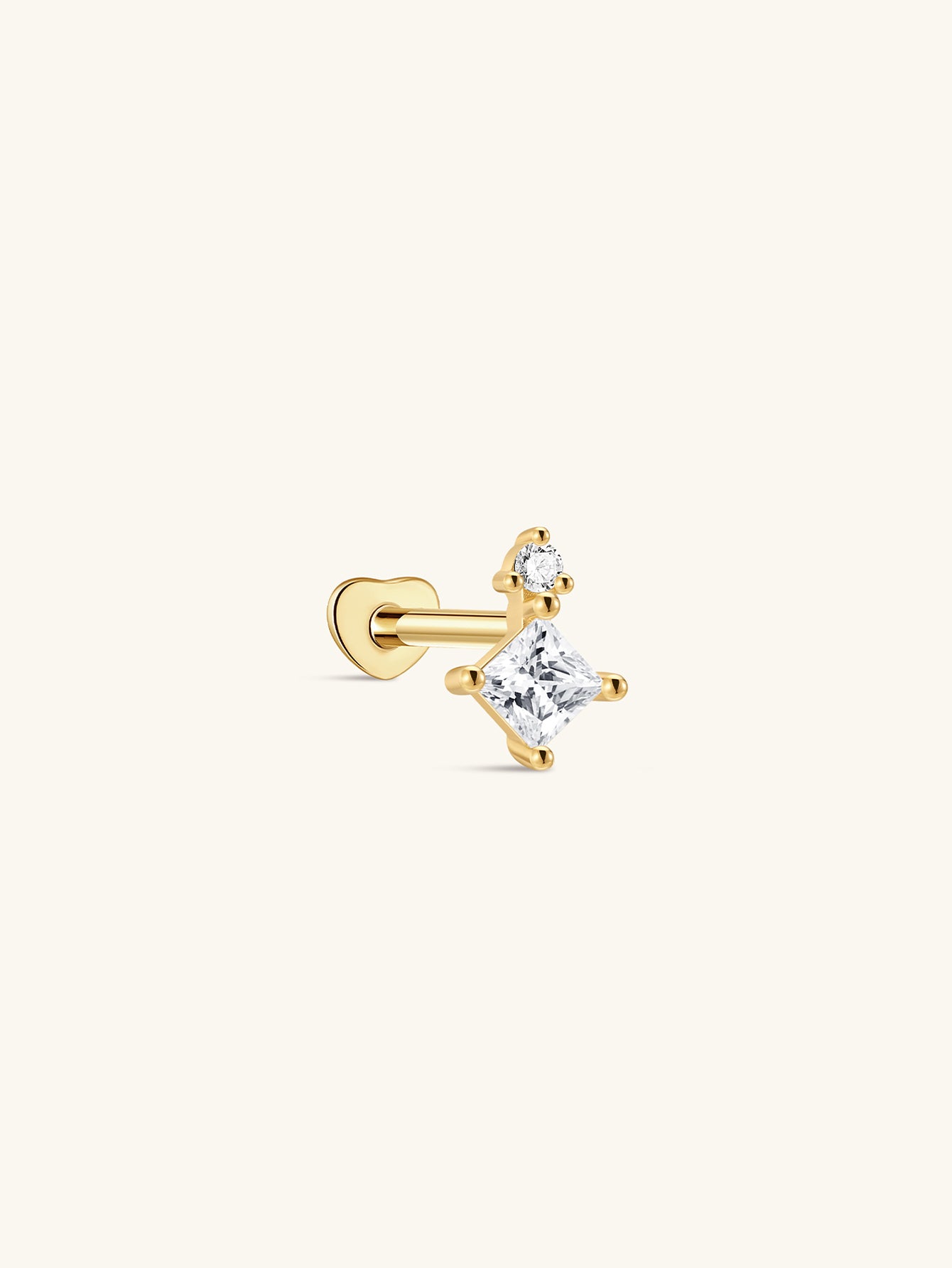Gold plated 925 sterling silver labret earring with princess-cut and round cubic zirconia stones.