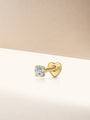 Gold plated 925 sterling silver labret stud with clear cubic zirconia in four-prong setting and heart backing.