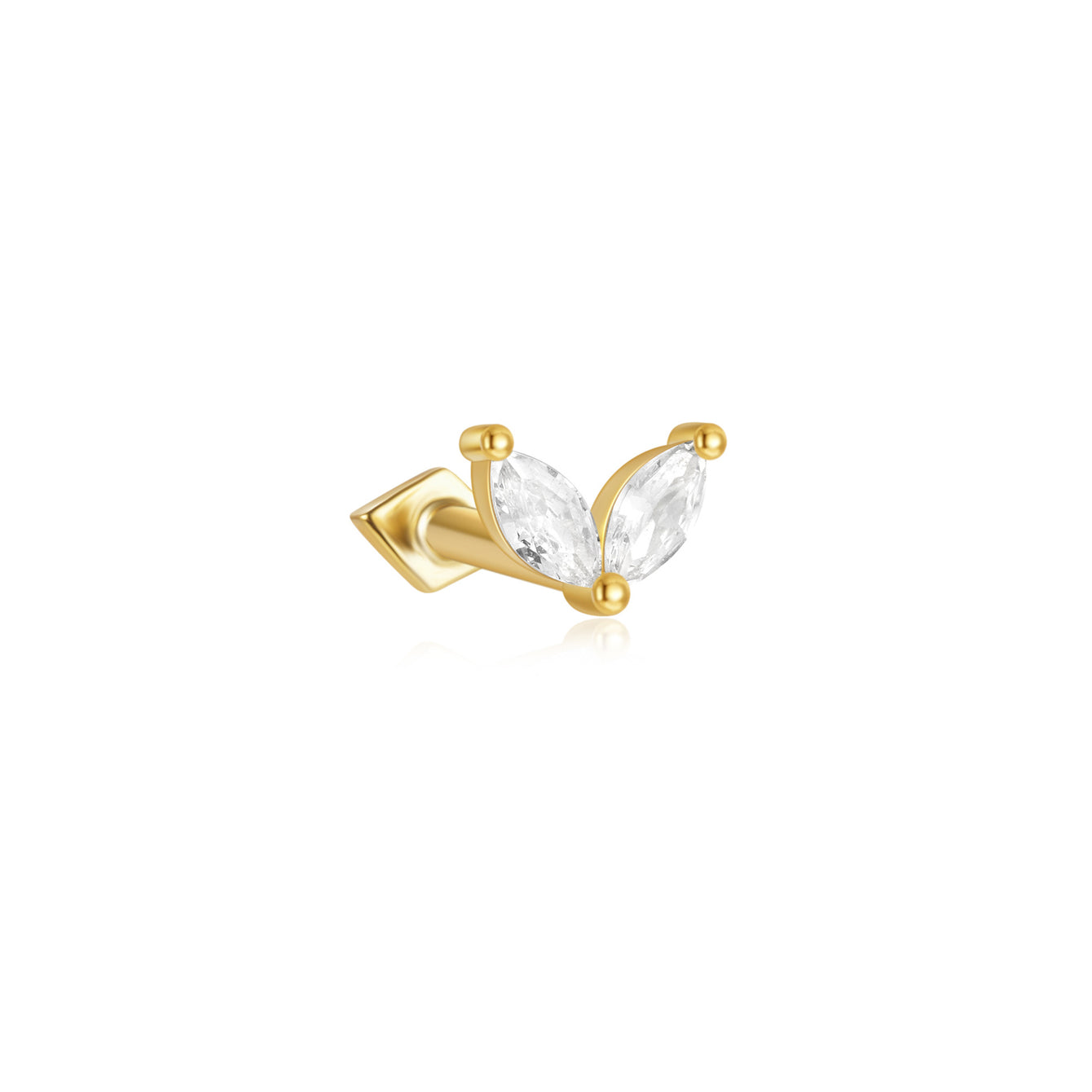 18kt gold plated sterling silver sprout ear piercing stud with two marquise CZ stones, flat back labret.
