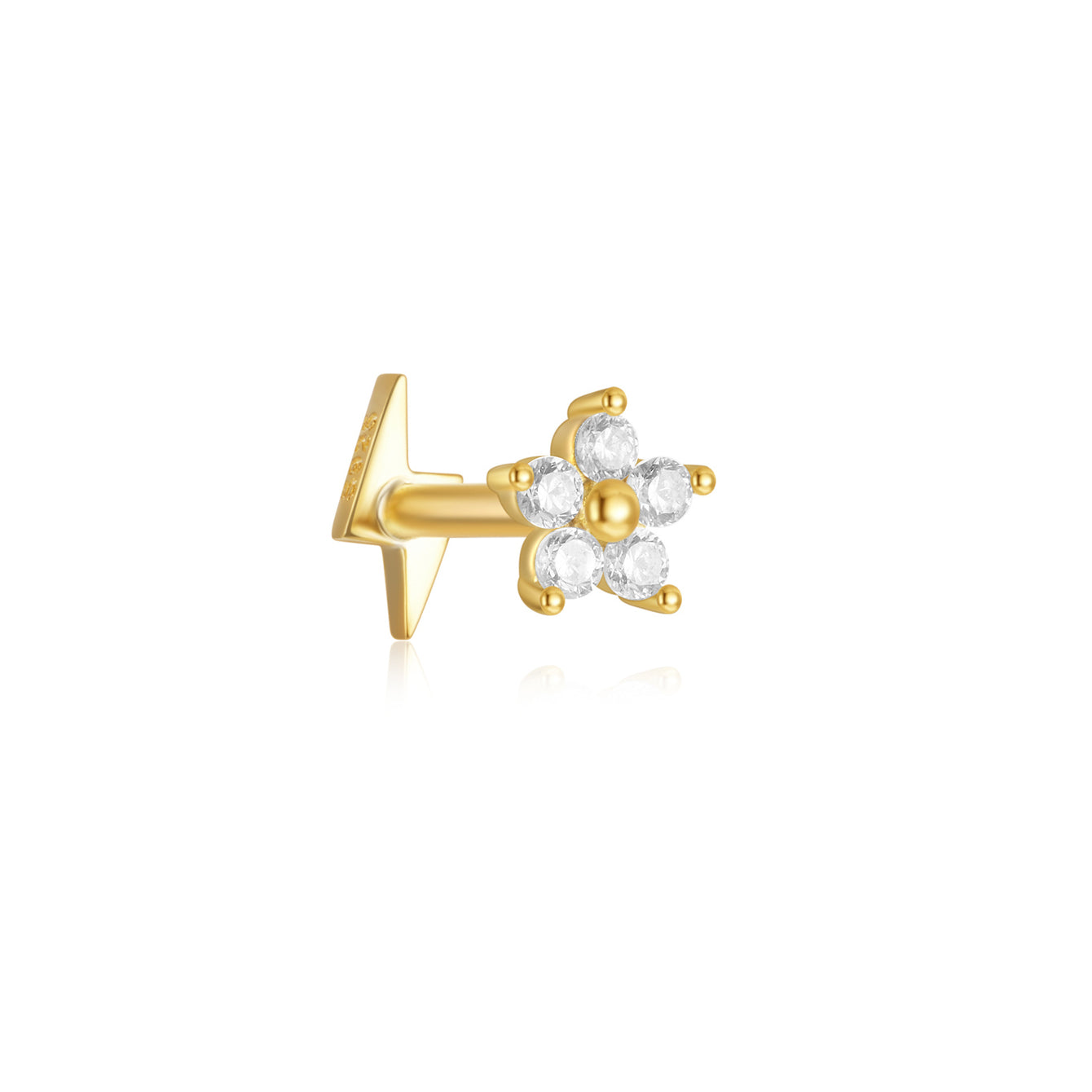 Gold 925 Sterling Silver Flower Zircon Flat Back Earring, 16G internally threaded labret post.