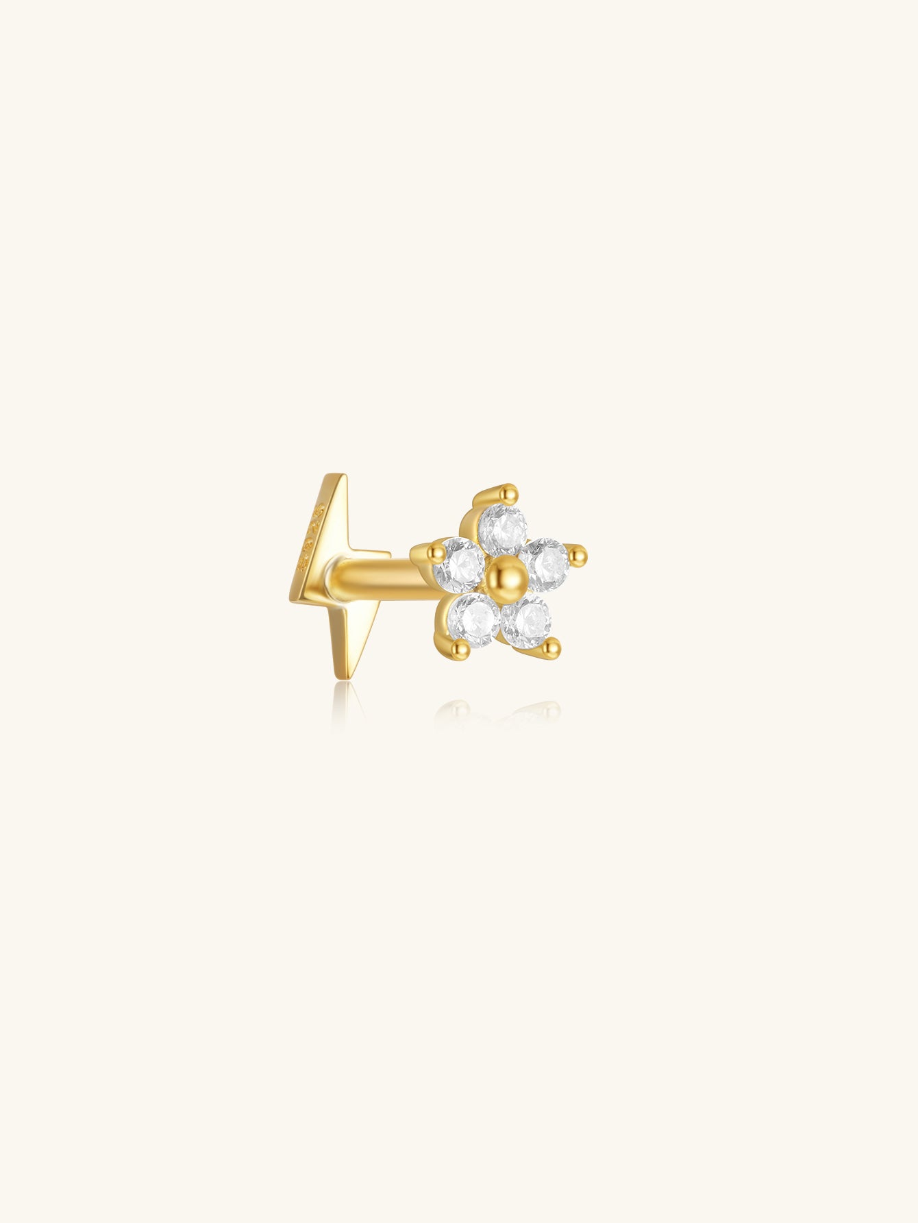 Gold 925 Sterling Silver Flower Zircon Flat Back Earring with internally threaded labret post.