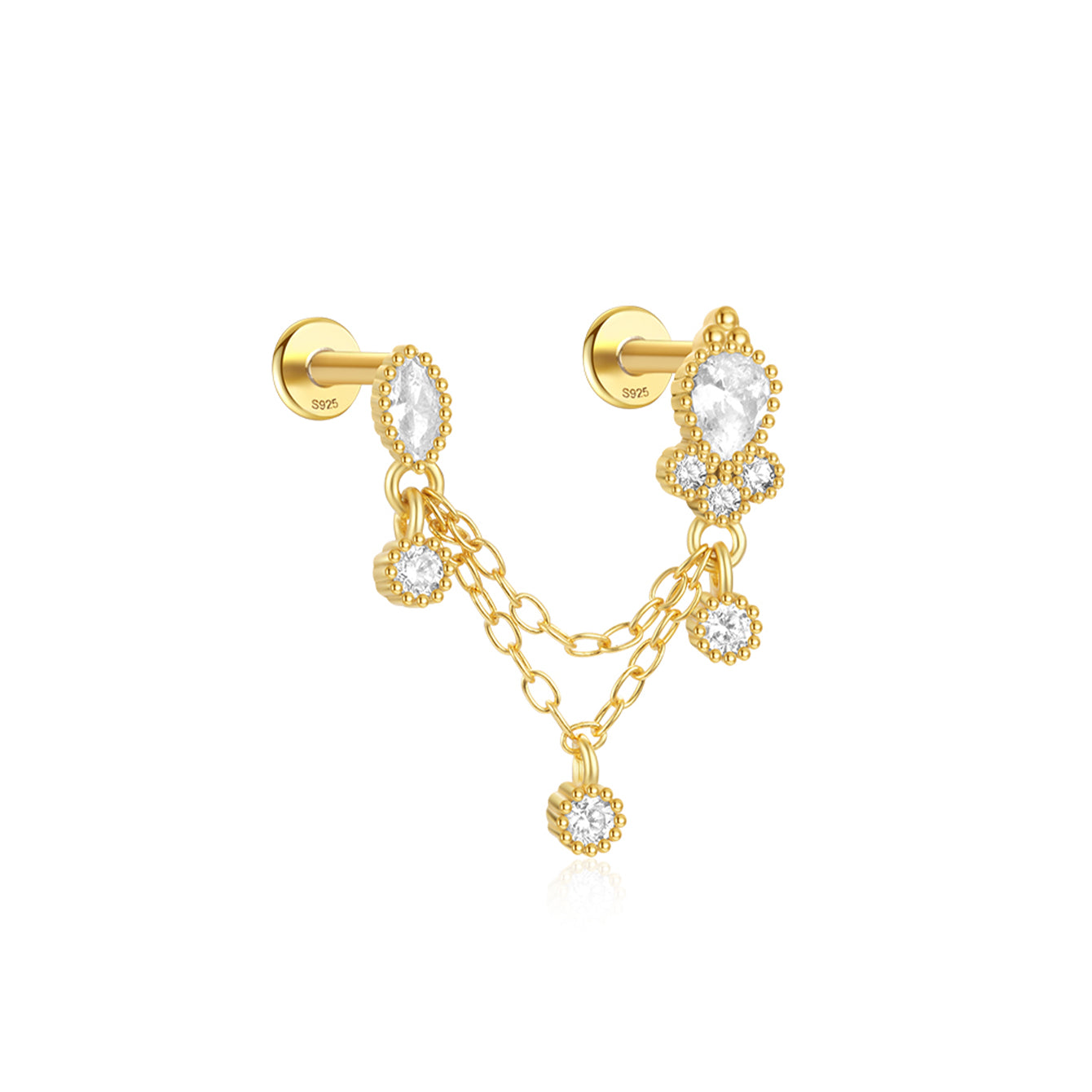 18kt gold plated sterling silver 16G double hole piercing stud with CZ chain tassel.