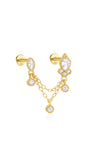 18kt gold plated sterling silver 16G double hole piercing stud with CZ chain tassel.