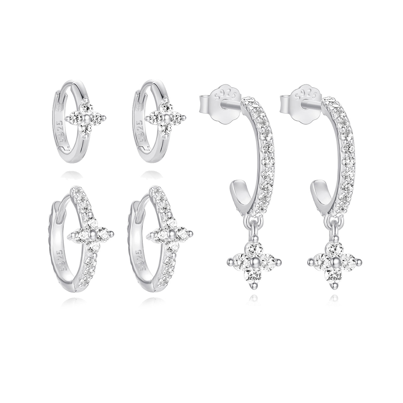 Kosiner 3-piece sterling silver hoop earring set with floral zircon charms.