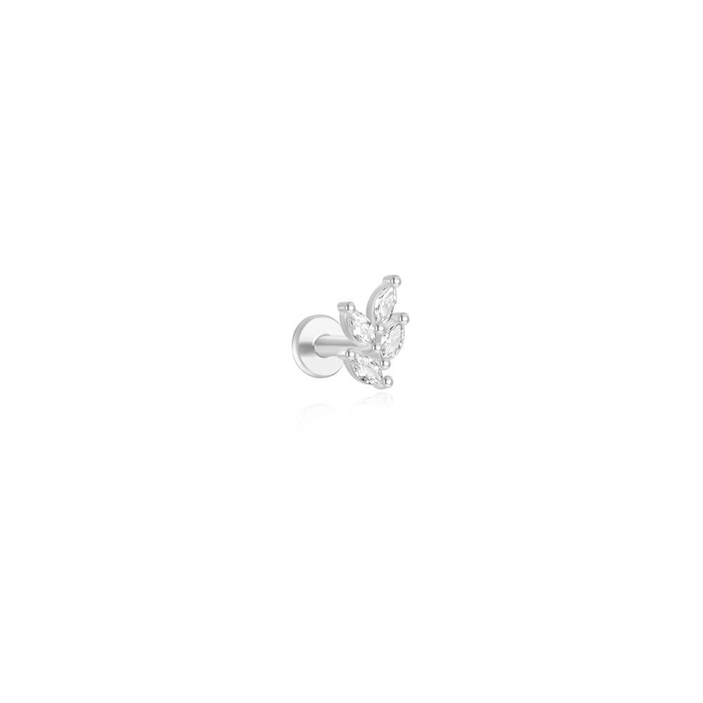 925 Sterling Silver 18k gold plated leaf stud with 5 marquise CZ, flat back labret closure, for ear piercings.
