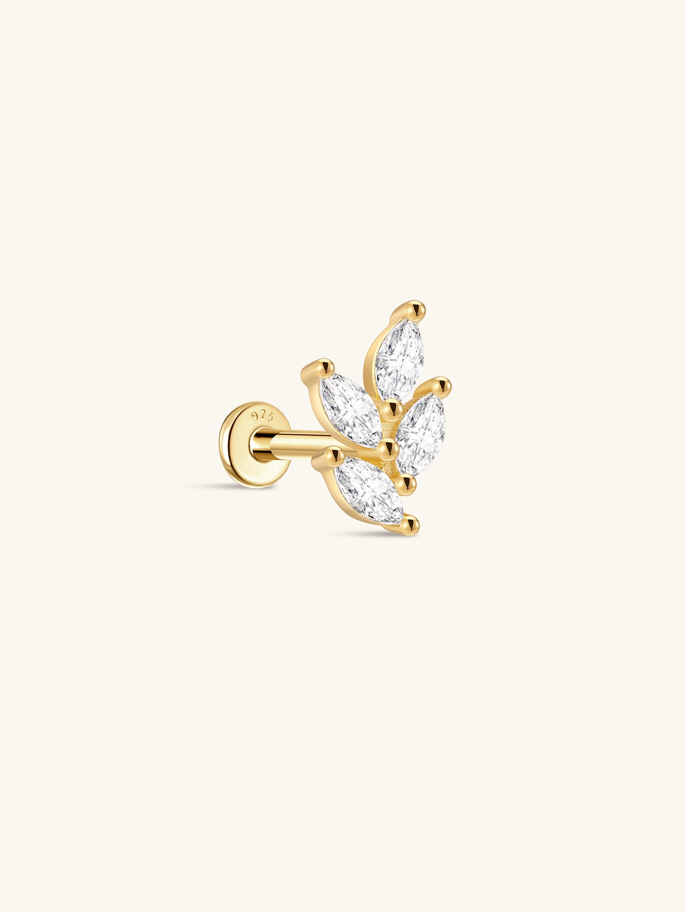 18kt gold plated sterling silver leaf ear piercing stud with five marquise cubic zirconia stones, flat back closure.