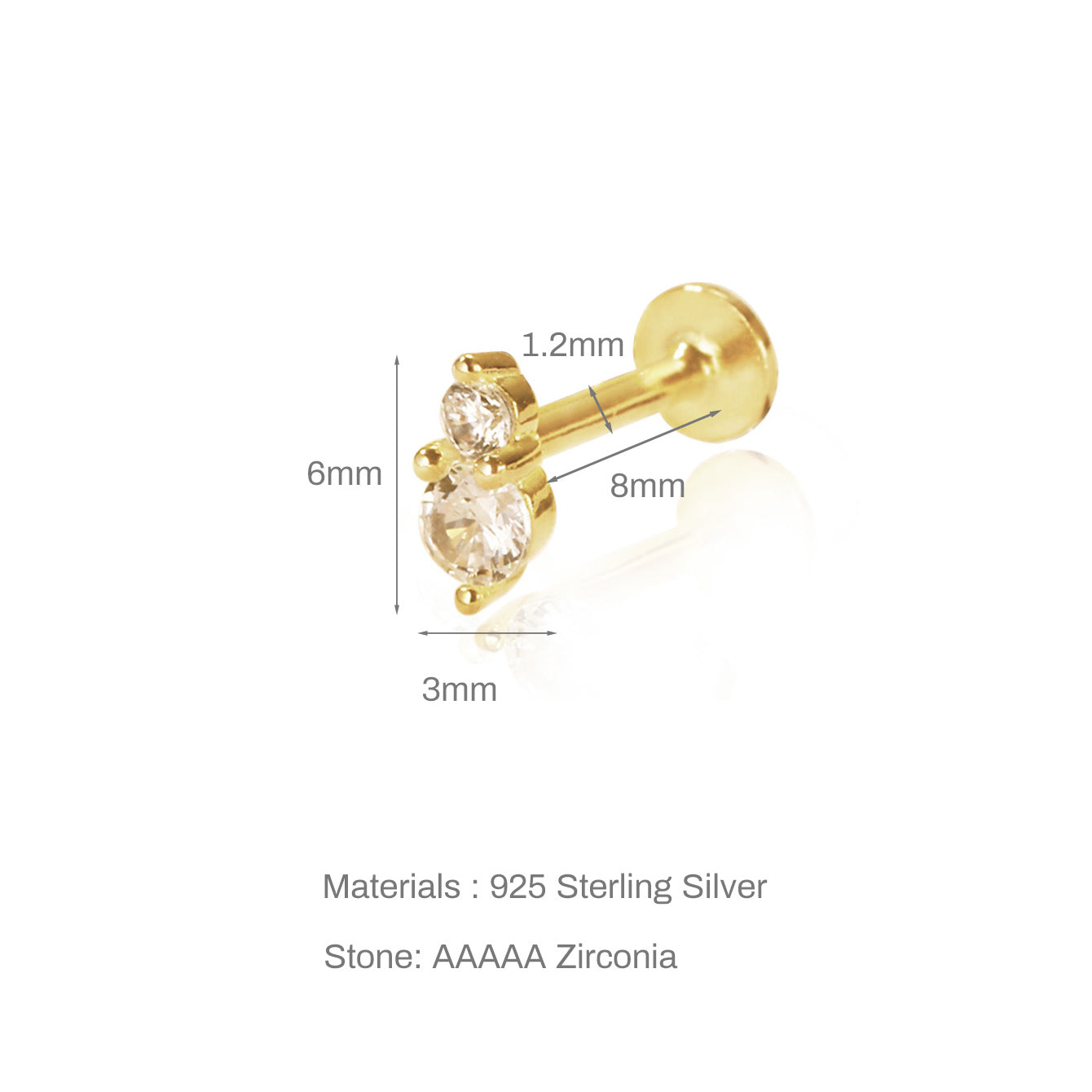 Boucle d'oreille en argent sterling doré avec deux pierres de zircone cubique AAAAA, hauteur 6 mm, pierre principale de 3 mm.