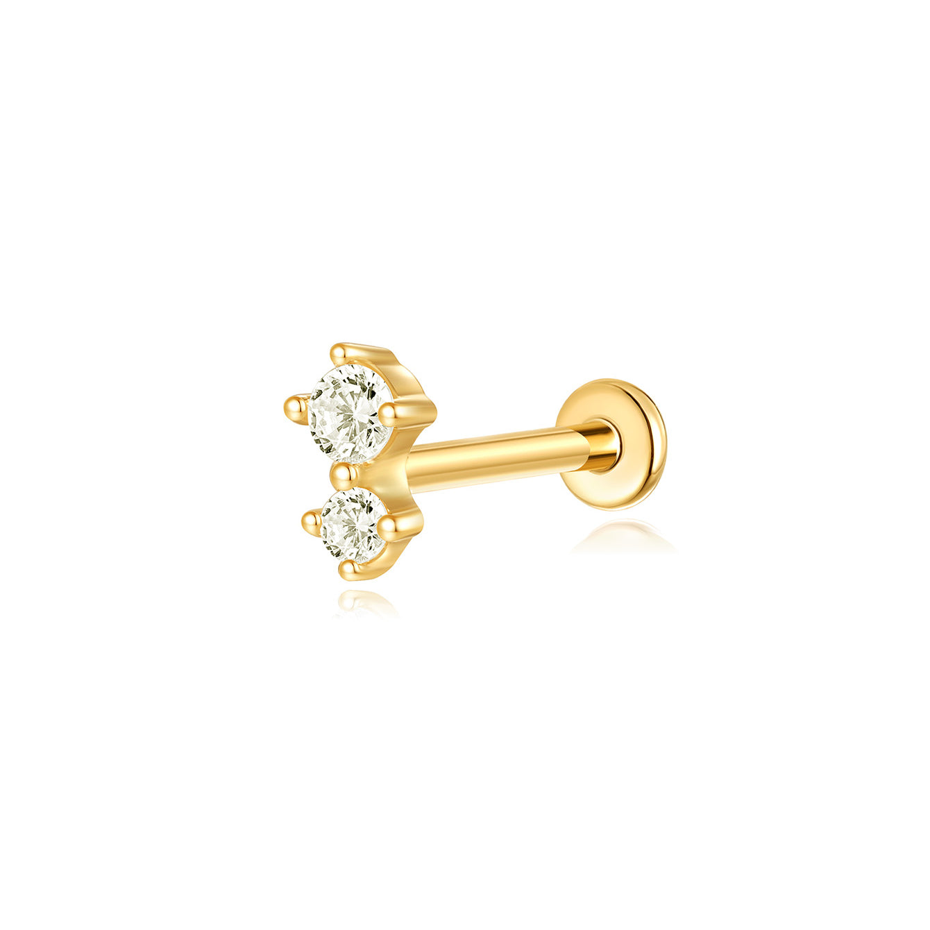18K gold plated 925 sterling silver flat back earring with two vertical AAAAA CZ stones. Product detail view.