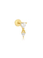 Gold plated 925 sterling silver labret stud with two heart cubic zirconia, one dangling, internally threaded flat back.