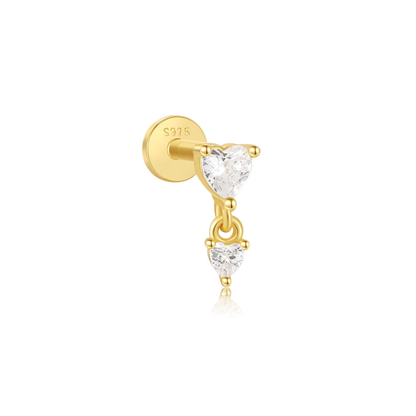 Gold plated 925 sterling silver labret stud with two heart cubic zirconia, one dangling, internally threaded flat back.