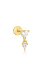 Gold plated 925 sterling silver labret stud with two heart cubic zirconia, one dangling, internally threaded flat back.