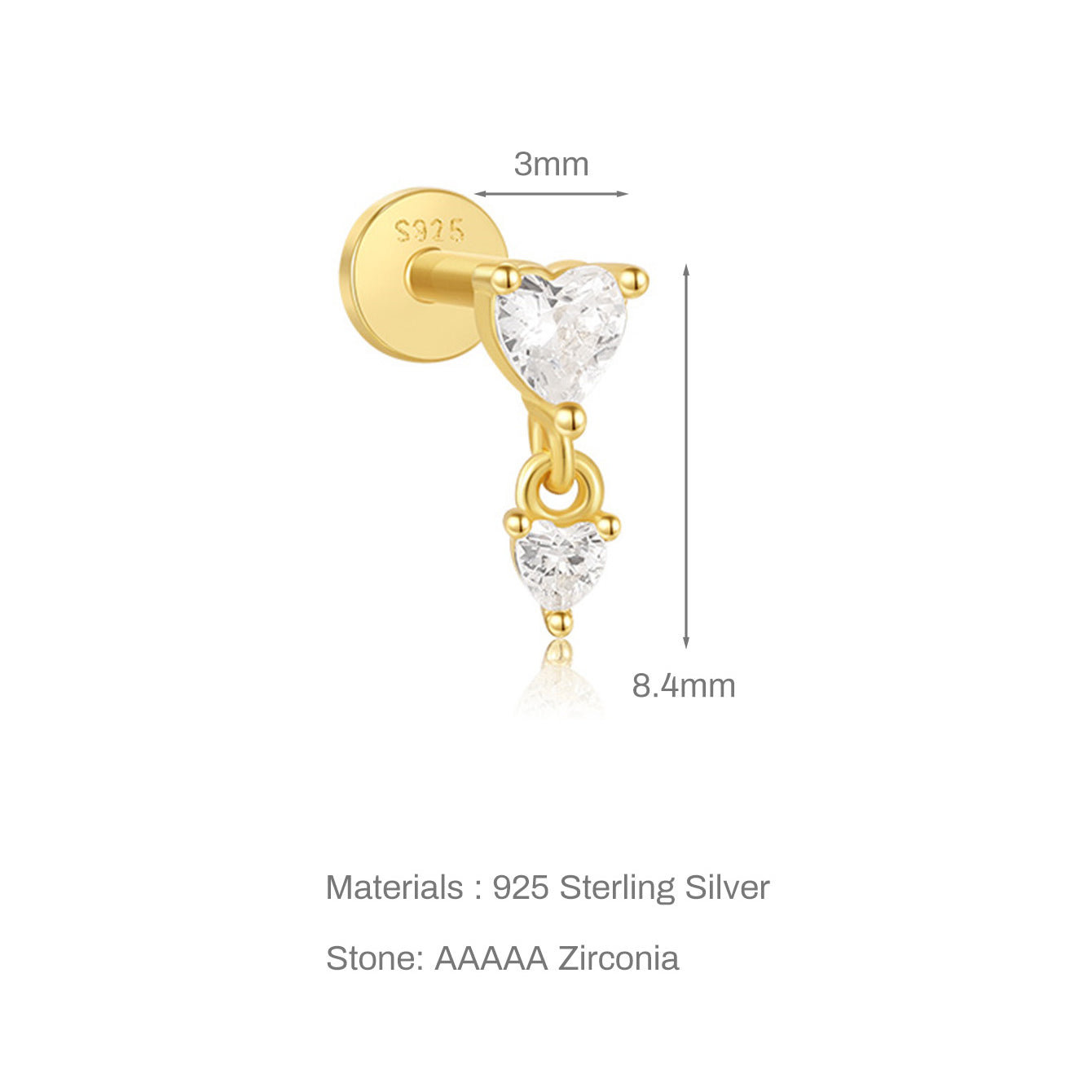 925 sterling silver gold-plated stud earring with dangling heart CZ stones, 3mm & 8.4mm dimensions.