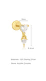 925 sterling silver gold-plated stud earring with dangling heart CZ stones, 3mm & 8.4mm dimensions.
