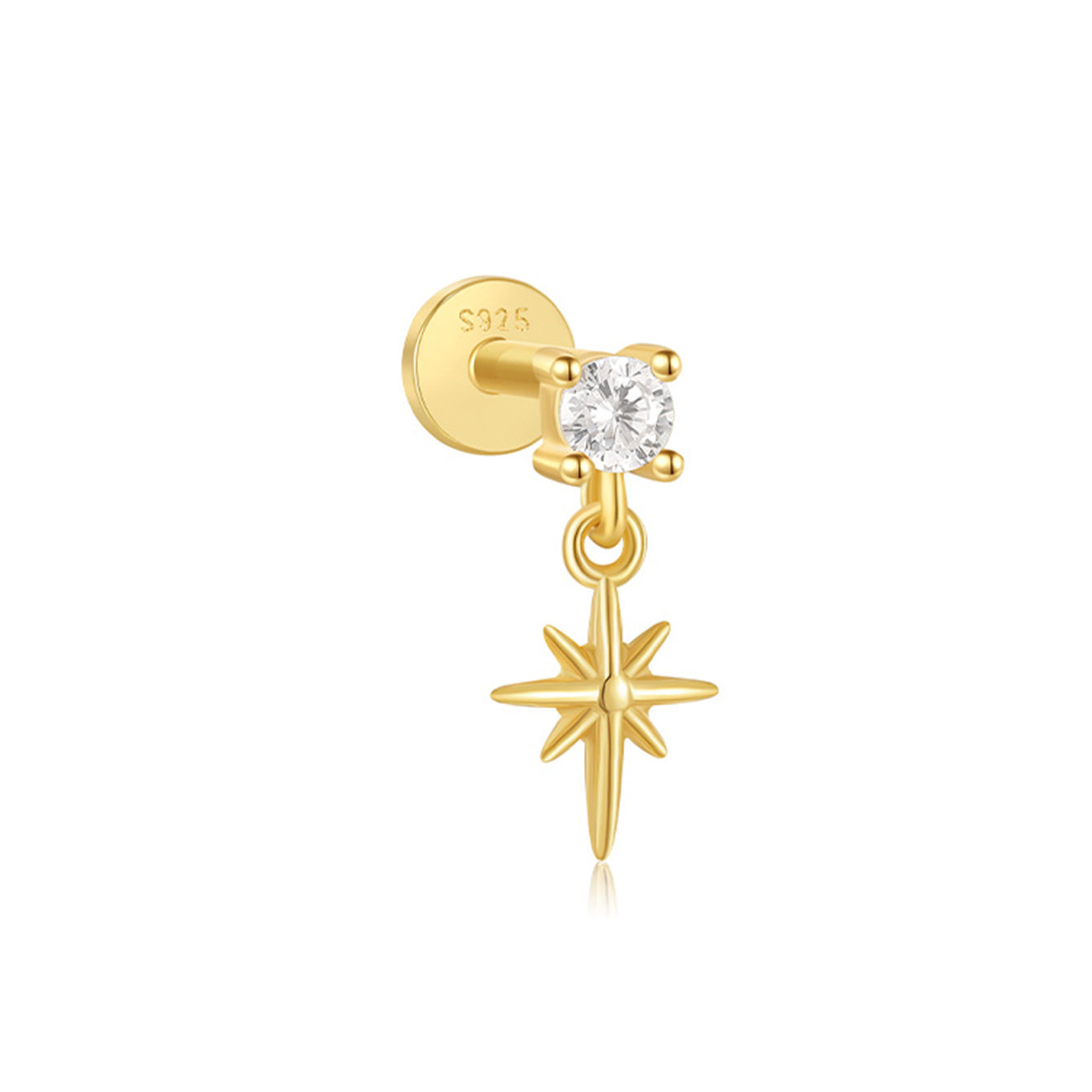 Gold-plated 925 sterling silver star pendant ear stud with clear cubic zirconia, internally threaded flat back labret.