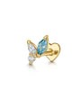 925 Sterling Silver Gold-plated butterfly labret stud, blue marquise & clear AAAAA CZ, flat back heart backing.