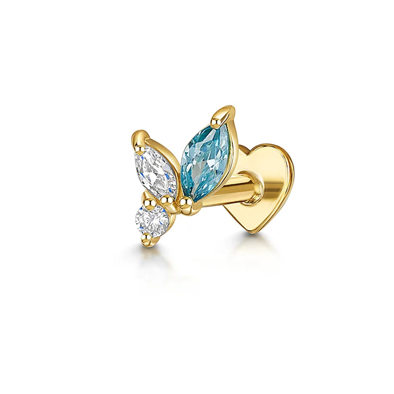 925 Sterling Silver Gold-plated butterfly labret stud, blue marquise & clear AAAAA CZ, flat back heart backing.
