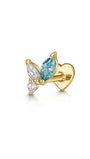 925 Sterling Silver Gold-plated butterfly labret stud, blue marquise & clear AAAAA CZ, flat back heart backing.