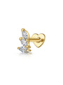Gold-plated sterling silver labret stud with three marquise CZ stones in a leaf design, heart flat back closure.