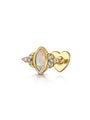 Gold-plated sterling silver labret stud with marquise opal, CZ accents, and heart flat back.