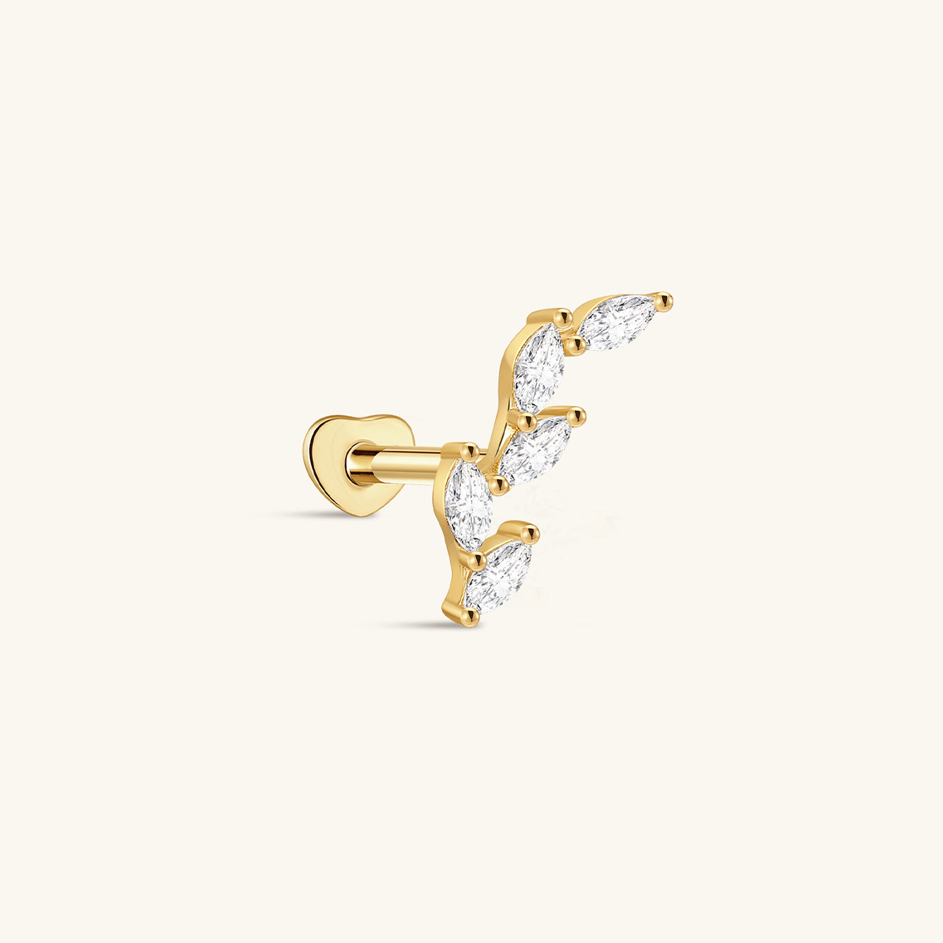 Gold-plated sterling silver labret stud with leaf design and five marquise CZ stones, flat back.