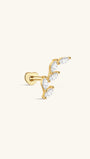Gold-plated sterling silver labret stud with leaf design and five marquise CZ stones, flat back.