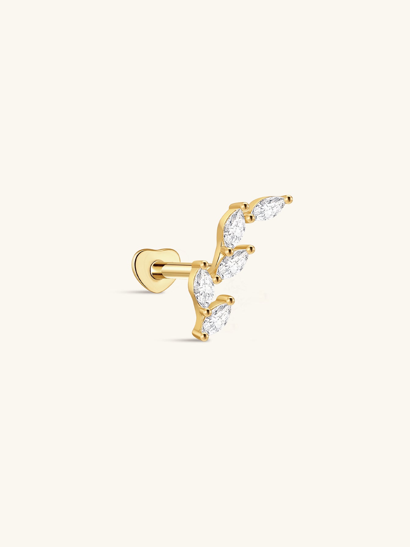 Gold-plated sterling silver labret stud with leaf design and five marquise CZ stones, flat back.